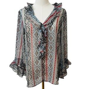 Zara Boho Sheer Ruffle Blouse Size S Paisley Floral Striped Lightweight